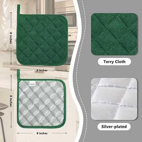 Joyhalo 6 Pack Pot Holders for Kitchen,Cotton Oven Holder with Great Heat Resistance,Non Slip Hot Pads for Kitchen Clearance,Dark Green