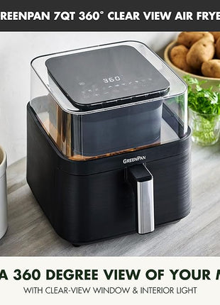 GreenPan Clearview Extra Large 7QT Air Fryer, 360° Clear Window, PFAS-Free Ceramic Nonstick Drawer and Tray, Heat to 400°F, 13-Presets, Shake Reminder, Keep Warm, Delay Start, Dishwasher Safe Parts