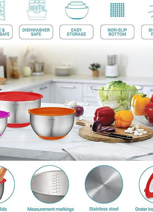 Belwares Mixing Bowls with Lids Set of 5 - Stainless Steel Nesting Bowls with Non-Slip Silicone Bottoms, Airtight Lids & 3 Grater Attachments Kitchen Baking Bowls for Food Prep & Storage (Colorful)