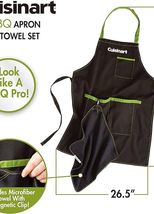 Cuisinart CFA-156 BBQ Apron and Magnetic Towel Set, Adjustable Grill Apron with Large Front Pockets