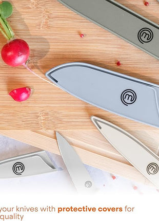 MasterChef Kitchen Knife Set with Covers, 6 Professional Chef Knives for Home Kitchens, Extra Sharp Cutting Stainless Steel Blades & Protective Sheaths, Soft-Touch Easy-Grip Handles, Earth Greys