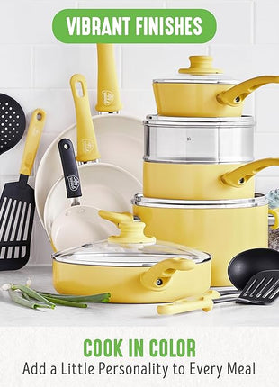 GreenLife Soft Grip Healthy Ceramic Nonstick 18 Piece Kitchen Cookware Pots and Frying Sauce Saute Pans Set, PFAS-Free with Kitchen Utensils and Lid, Dishwasher Safe, Yellow