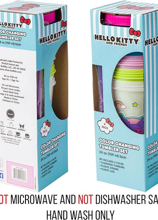 Silver Buffalo Sanrio Hello Kitty and Friends Sticker Design Featuring Kuromi, Keroppi, My Melody, and Hello Kitty 4 Pack Color Changing Plastic Tumbler Set with Glitter Straw, 24 Ounces