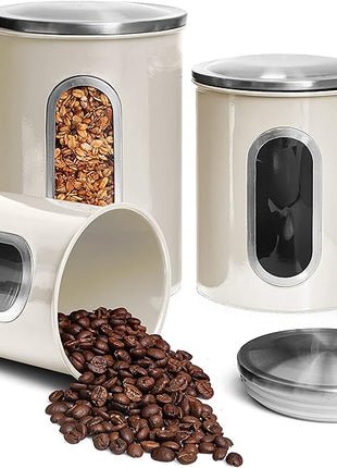 Moss & Stone 3-Piece Beige Canisters Sets For The Kitchen, Airtight Canister Set With See Through Window, Storage Jars for Coffee Container, Tea Organizer & Sugar Canister, Beige Kitchen Canisters