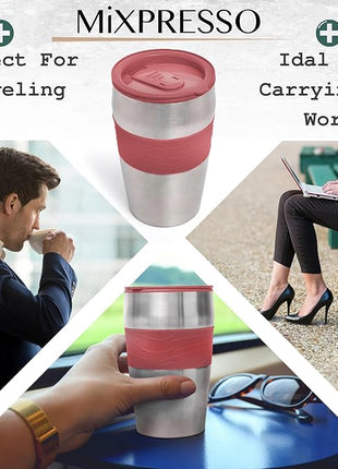 Mixpresso Red Personal Single Serve Coffee Maker with 14oz Travel Mug, Drip Small Coffee Maker with Auto Shut Off, Reusable Filter, Works with Ground Coffee Only – Not for K-Cup Pods