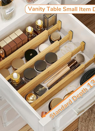 BAMEOS Drawer Divider,Expandable Bamboo Separators Adjustable Utensil Knife Fork Tool Kitchen Organizer, Clothes Fabric Drawer Organizer In Bathroom Bedroom Office, Cabinet Dresser Organizer 4-pack