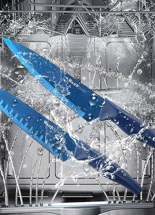 Wanbasion Blue Professional Kitchen Knife Chef Set, Stainless Steel, Dishwasher Safe with Sheathes