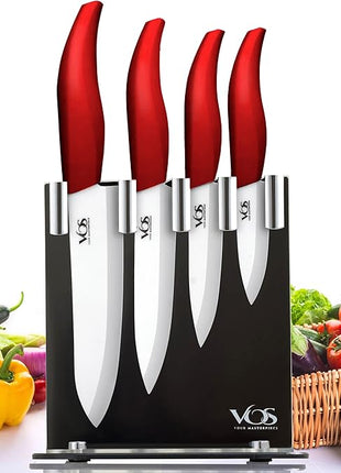 Vos Ceramic Knife Set, Ceramic Knives Set For Kitchen, Ultra Sharp Kitchen Knife Set with Covers, 3" 4" 5" 6" Paring, Santoku, Chef Knife & Utility, Lightweight, Dishwasher safe (Red with Block)