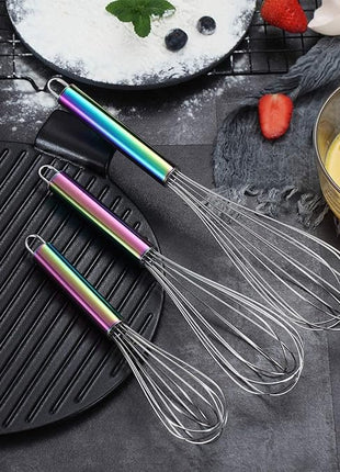 Berglander Rainbow Handle Whisk Pack of 3 Stainless Steel 8",10",12", Titianium Plating Colorful Handle Whisks for Cooking, Beater,Wire Whisk Set Kitchen Wisk (Rainbow Handle)