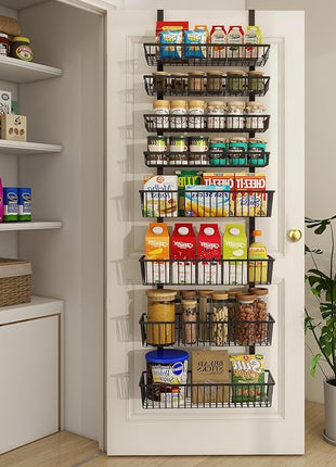 Over The Door Pantry Organizer, Pantry Organization and Storage, 8-Tier Deep Baskets Hanging Heavy-Duty Metal, Wall Spice Rack Seasoning Shelves for Home & Kitchen, Laundry Room Bathroom, Black