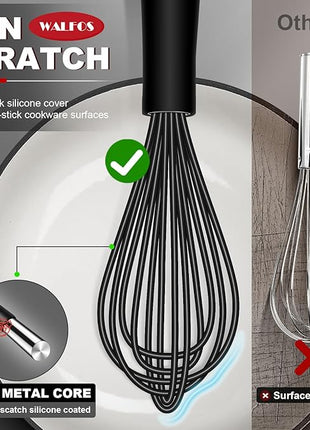 Walfos Silicone Whisk,11 Inch Silicone Whisks for Cooking Non Scratch,BPA Free Kitchen Whisk Heat Resistant (480°F) Perfect for Blending,Whisking,Beating,Mixing.Dishwasher Safe (Black）