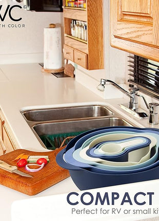 COOK WITH COLOR Nesting Bowls with Measuring Cups Colander and Sifter Set - Includes Mixing Bowls, Colander, Sifter and Measuring Cups, Blue Ombre, 8 Pc Bowl