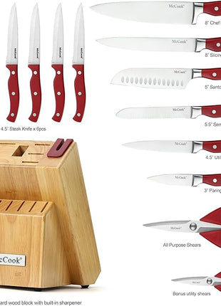 McCook® Stainless Steel Kitchen Knife Sets with Wooden Block, Kitchen Scissors and Built-in Sharpener, Red