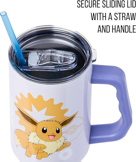 Silver Buffalo Pokémon Stainless Steel Tumbler with Handle Featuring Eevee, Fits in Standard Cup Holder, 40 Ounces