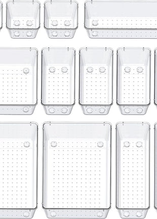 SMARTAKE 13-Piece Drawer Organizers with Non-Slip Silicone Pads, 5-Size Desk Bathroom Drawer Organizer Trays Storage Tray for Makeup, Jewelries, Utensils in Bedroom Dresser, Office and Kitchen, Clear