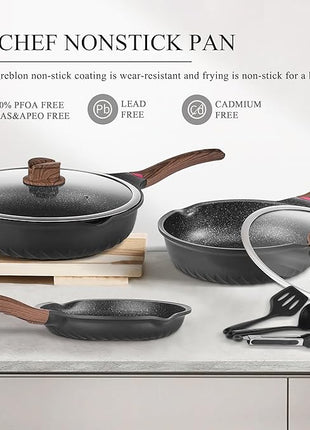 Vinchef Pots and Pans Set, 12pcs Nonstick Induction Kitchen Cookware Sets with Stay-Cool Handles, Frying Pans and Saute Pan with Lid, Silicone Cooking Utensil Sets and Pot Protectors, PFAS, PFOA Free