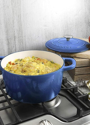 Crock-Pot Artisan 5-Quart Round Enameled Cast Iron Dutch Oven – Blue, Durable Heavy-Duty Cookware for Slow Cooking, Roasting, Baking with Lid