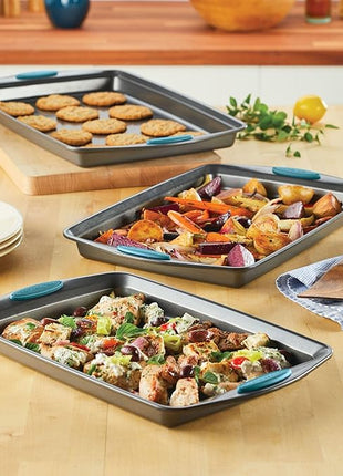 Rachael Ray Bakeware Nonstick Cookie Pan Set, 3-Piece, Gray with Agave Blue Grips