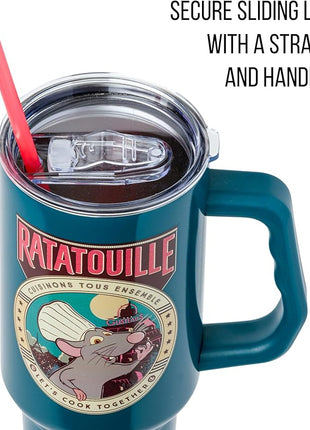 Silver Buffalo Disney Pixar Ratatouille Remy Let's Cook Together Stainless Steel Tumbler with Handle and Straw, Fits in Standard Cup Holder, 40 Ounces