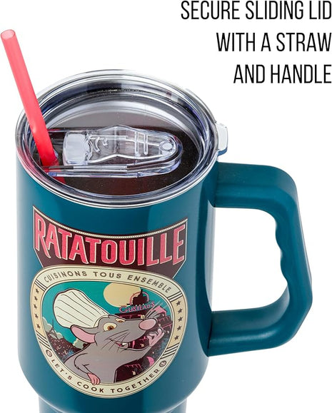 Silver Buffalo Disney Pixar Ratatouille Remy Let's Cook Together Stainless Steel Tumbler with Handle and Straw, Fits in Standard Cup Holder, 40 Ounces