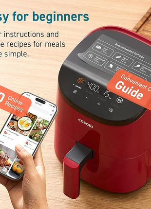 COSORI Air Fryer 2.1 Qt, 4-in-1 Small Mini Airfryer, Bake, Roast, Reheat, 97% Less Oil, Compact & Quiet, Nonstick & Dishwasher Safe Basket, 30 In-App Recipes with Nutrition Facts, Auto-Shut Off, Red
