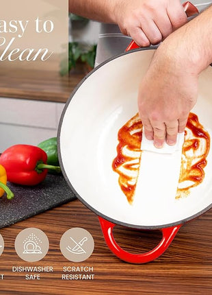 Nuovva Enamelled Cast Iron Dutch Oven Pot with Lid – 6.4 Quart Non Stick Casserole Pot – Heavy Duty & Oven Safe up to 500° F for Bread Baking, Braising, Stews, Roasting – 28cm Red