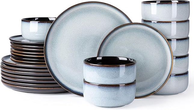 LERATIO Ceramic Dinnerware Sets for 8,Plates and Bowls Sets,Reactive Glaze Dishes Set,Highly Chip and Crack Resistant | Dishwasher & Microwave & Oven Safe Dishes set,Service for 8-Gray White(24pcs)