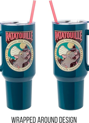 Silver Buffalo Disney Pixar Ratatouille Remy Let's Cook Together Stainless Steel Tumbler with Handle and Straw, Fits in Standard Cup Holder, 40 Ounces