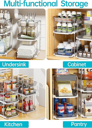 Delamu 2 Pack 3-Tier Bathroom Under Sink Organizers and Storage, Multi-Purpose Stackable Pantry Organization and Storage, Pull Out Clear Kitchen Bathroom Cabinet Organizer with Movable Dividers, Grey