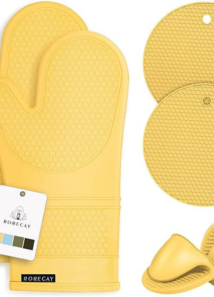 Rorecay Oven Mitts and Pot Holders Sets 6pcs, Extra Long Kitchen Silicone Oven Gloves Heat Resistant 500 Degrees Non-Slip Potholders Hot Pads for Baking Cooking, Quilted Liner, Samoan Sun