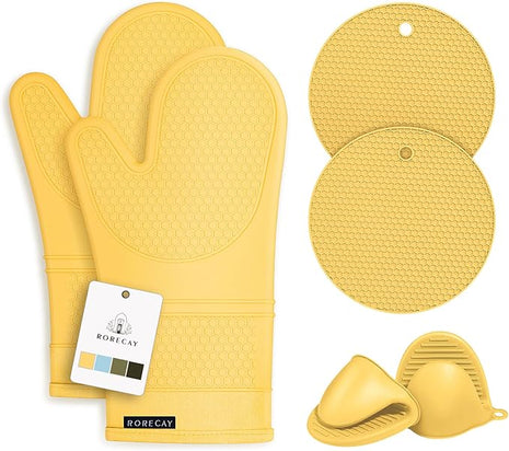 Rorecay Oven Mitts and Pot Holders Sets 6pcs, Extra Long Kitchen Silicone Oven Gloves Heat Resistant 500 Degrees Non-Slip Potholders Hot Pads for Baking Cooking, Quilted Liner, Samoan Sun