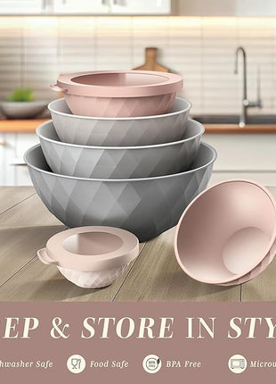 COOK WITH COLOR Mixing Bowls with Lids - 12 Piece Plastic Nesting Bowls Set includes 6 Prep Bowls and 6 Lids, Diamond Design - Microwave Safe, Pink and Grey