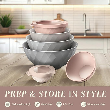 COOK WITH COLOR Mixing Bowls with Lids - 12 Piece Plastic Nesting Bowls Set includes 6 Prep Bowls and 6 Lids, Diamond Design - Microwave Safe, Pink and Grey