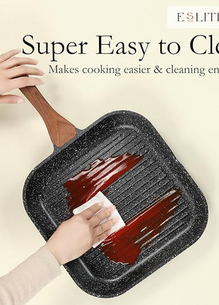 ESLITE LIFE 11 Inch Nonstick Grill Pan for Indoor Cooking, Versatile Induction Square Large Grilling Skillet Steak Pan for Stove Tops, PTFE & PFOA Free, Black