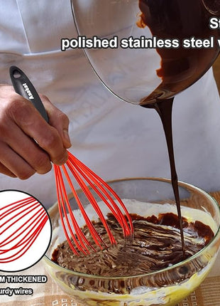 Anaeat Silicone Kitchen Whisk Set of 4, Perfect for Non-Stick Cookware, Milk and Egg Beater Blender for Whisking, Cooking, Baking, Beating - 11'' Flat Whisk and 8.5''+10.5''+12'' Balloon Whisks (Red)