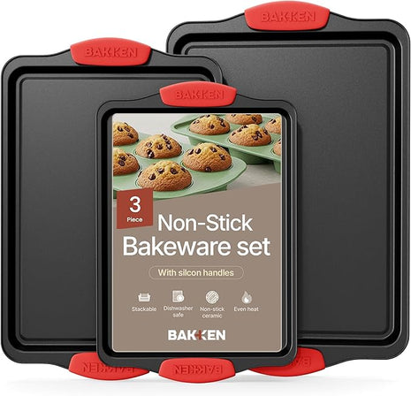 Baking Pan Set – 3 Piece Cookie Sheet – Deluxe Black Non-Stick Carbon Steel – Silicone Handles – Commercial Grade Restaurant Quality – PFOA PFOS and PTFE Free by Bakken