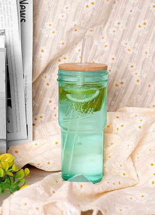 ANOTION Colored Glass Cups with Lids and Straws - 24oz Travel Coffee Mug Wide Mouth Mason Jar Iced Coffee Cup Smoothie Cup Glass Tumbler Tea Cup Clear Cute Water Cups Colorful Drinking Glasses