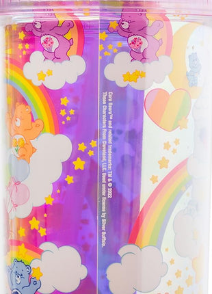 Silver Buffalo Care Bears Rainbow Stars Featuring Funshine, Grumpy, Cheer, Tenderheart Iridescent Plastic Tall Cold Cup With Lid and Straw, 20 Ounces