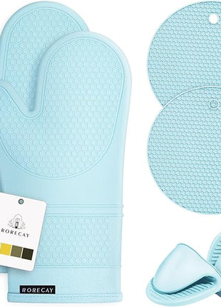 Rorecay 6pcs Oven Mitts and Pot Holders Sets, Extra Long Silicone Oven Gloves Heat Resistant 500 Degrees Non-Slip Potholders Hot Pads for Kitchen Baking Cooking, Quilted Liner, Winter Sky