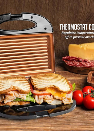 OVENTE Electric Panini Press Grill with Nonstick Plates, LED Indicator Lights, Thermostat Control, Compact Sandwich Maker Perfect for Cooking Breakfast, Steaks, Eggs Snacks & More, Copper GP0110CO