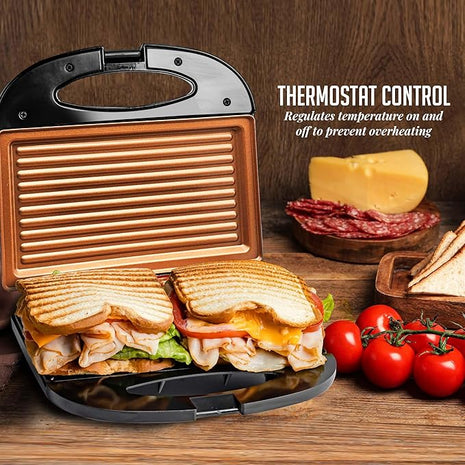 OVENTE Electric Panini Press Grill with Nonstick Plates, LED Indicator Lights, Thermostat Control, Compact Sandwich Maker Perfect for Cooking Breakfast, Steaks, Eggs Snacks & More, Copper GP0110CO