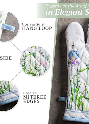 Maison d' Hermine 100% Cotton Oven Mitt & Pot Holder Set (7.5"x13" & 8"x8") Heat Resistant BBQ Cooking Gloves with Loop, Baking, Grilling, Kitchen, Handling Hot Pans Spring/Summer (Fleurs De Mai)
