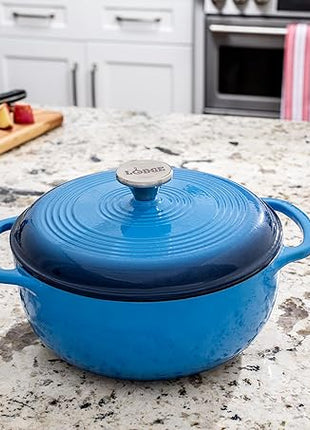 Lodge 4.5 Quart Enameled Cast Iron Dutch Oven with Lid – Dual Handles – Oven Safe up to 500° F or on Stovetop - Use to Marinate, Cook, Bake, Refrigerate and Serve – Caribbean Blue