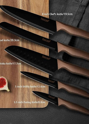 hecef Vintage Kitchen Knife Set, Stainless Steel Non-stick Black Coated Knives with Extra Sheaths, Includes Chef, Bread, Santoku, Utility and Paring Knife