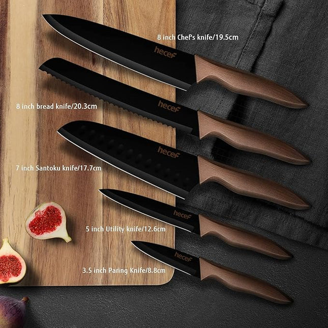 hecef Vintage Kitchen Knife Set, Stainless Steel Non-stick Black Coated Knives with Extra Sheaths, Includes Chef, Bread, Santoku, Utility and Paring Knife