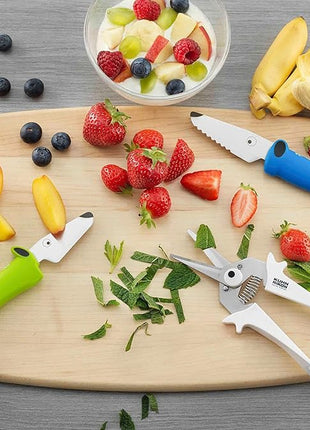 Kuhn Rikon Kinderkitchen® Kids Chef Knife Set With Scissors, 3 Pieces, Green/Blue/White| Cutting Tools Made for Real Cooking | Child Friendly Animal Designs With Hand Guard & Snipper Cover For Safety
