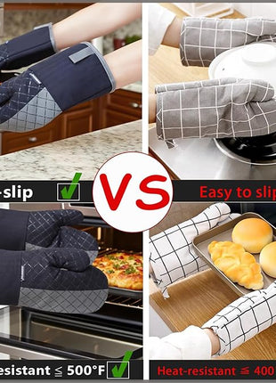 Oven Mitts and Pot Holders Sets 6pcs, Kitchen Oven Glove,High Heat Resistant 550 Degree Extra Long Oven Mitts and Potholders with Non-Slip Silicone Surface for Home Essentials (Grey) (Matte Black)