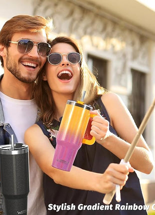 40 oz Shiny Tumbler with Handle and Straw,Stainless Steel Tumbler with Lid and Straw,Insulated Travel Mug(Cold for 34 Hours),Water Bottle for Iced Tea,Coffee (Yellow)
