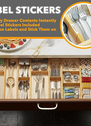 SpaceAid Bamboo Drawer Dividers with Inserts and Labels, Kitchen Adjustable Drawer Organizers, Expandable Organization for Home, Office, Dressers, 7 Dividers with 15 Inserts (17"-22" Natural)