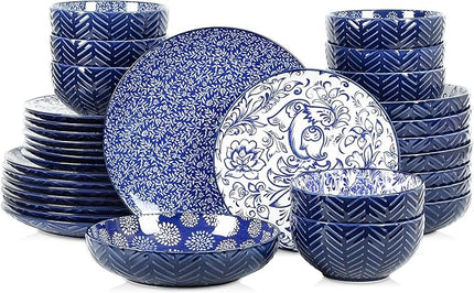 Selamica Ceramic Plates and Bowls Sets, 32 Pieces Dinnerware Sets for 8, Scratch Resistant Embossed Dishes Set for Family Gatherings, Dishwasher & Microwave Safe, Dark Blue